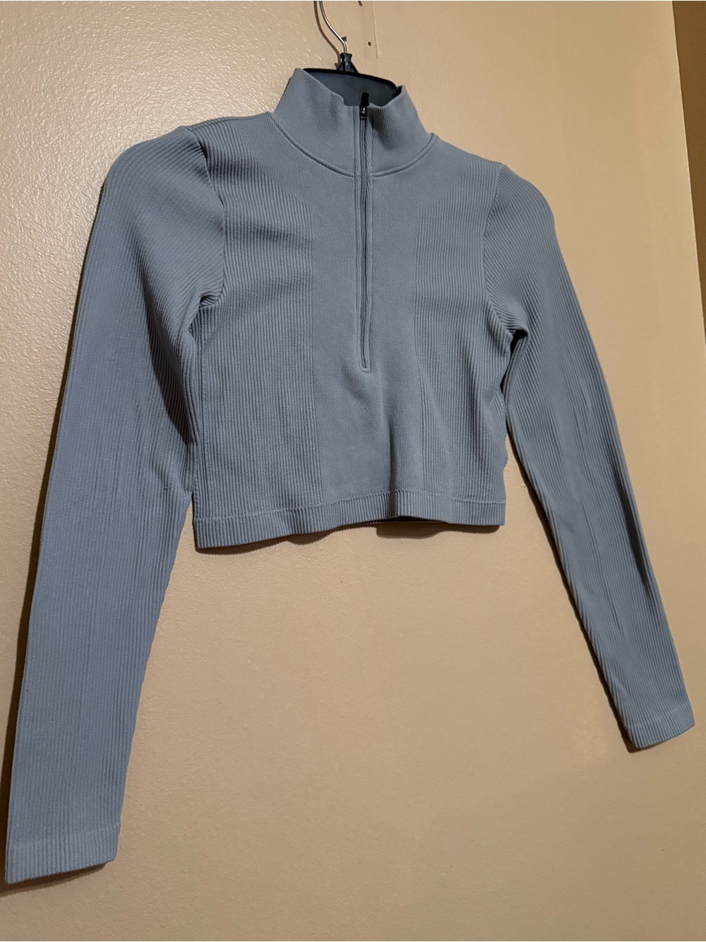 Cropped Ribbed Half-Zip Athletic Jacket in Pale Blue